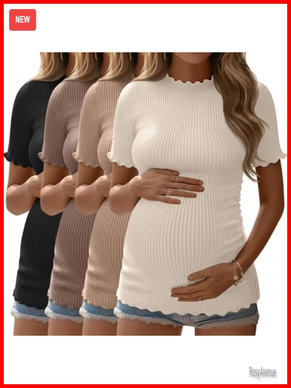 Ribbed Maternity T-Shirts 4 Pack Cotton Spandex Short Sleeve Pregnancy Tops